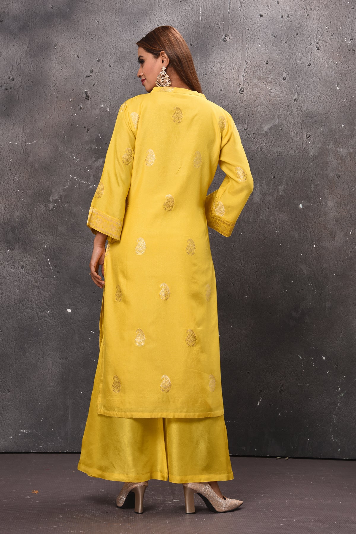 Shop stunning yellow designer palazzo suit online in USA with dupatta. Get set for weddings and festive occasions in exclusive designer Anarkali suits, wedding gown, salwar suits, gharara suits, Indowestern dresses from Pure Elegance Indian fashion store in USA.-back