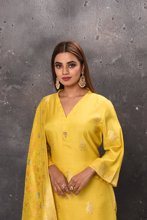Shop stunning yellow designer palazzo suit online in USA with dupatta. Get set for weddings and festive occasions in exclusive designer Anarkali suits, wedding gown, salwar suits, gharara suits, Indowestern dresses from Pure Elegance Indian fashion store in USA.-closeup