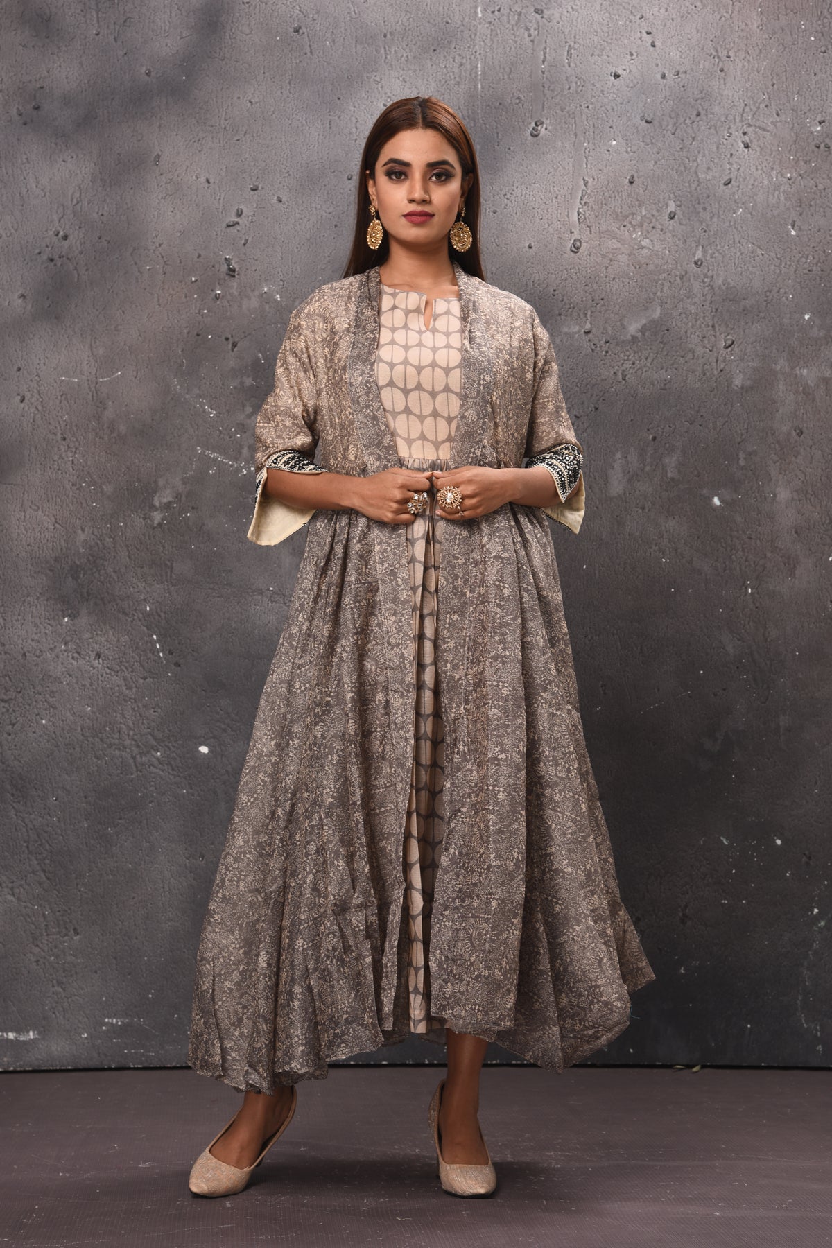 Shop stunning grey printed dress online in USA with jacket. Get set for weddings and festive occasions in exclusive designer Anarkali suits, wedding gown, salwar suits, gharara suits, Indowestern dresses from Pure Elegance Indian fashion store in USA.-full view