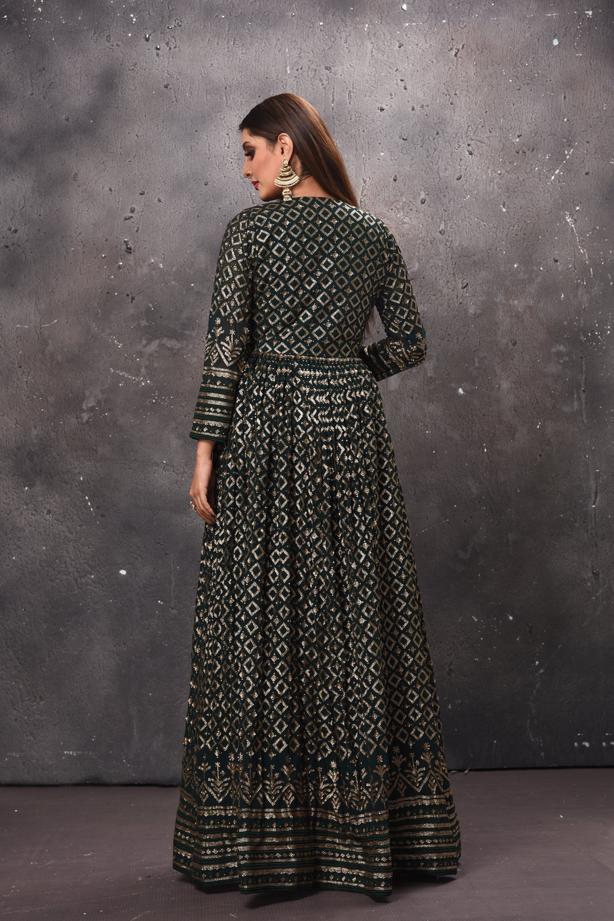 Buy stunning dark green maxi dress online in USA with jacket. Get set for weddings and festive occasions in exclusive designer Anarkali suits, wedding gown, salwar suits, gharara suits, Indowestern dresses from Pure Elegance Indian fashion store in USA.-back