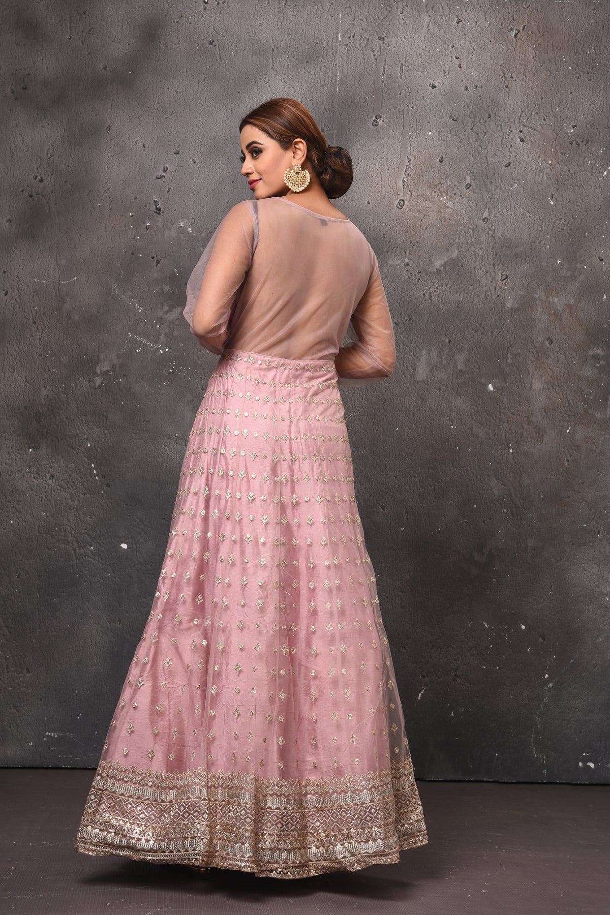 Shop beautiful light pink embroidered Anarkali suit online in USA with dupatta. Get set for weddings and festive occasions in exclusive designer Anarkali suits, wedding gown, salwar suits, gharara suits, Indowestern dresses from Pure Elegance Indian fashion store in USA.-back