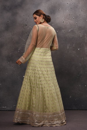 Buy beautiful pista green embroidered Anarkali suit online in USA with dupatta. Get set for weddings and festive occasions in exclusive designer Anarkali suits, wedding gown, salwar suits, gharara suits, Indowestern dresses from Pure Elegance Indian fashion store in USA.-back