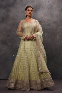 Buy beautiful pista green embroidered Anarkali suit online in USA with dupatta. Get set for weddings and festive occasions in exclusive designer Anarkali suits, wedding gown, salwar suits, gharara suits, Indowestern dresses from Pure Elegance Indian fashion store in USA.-full view