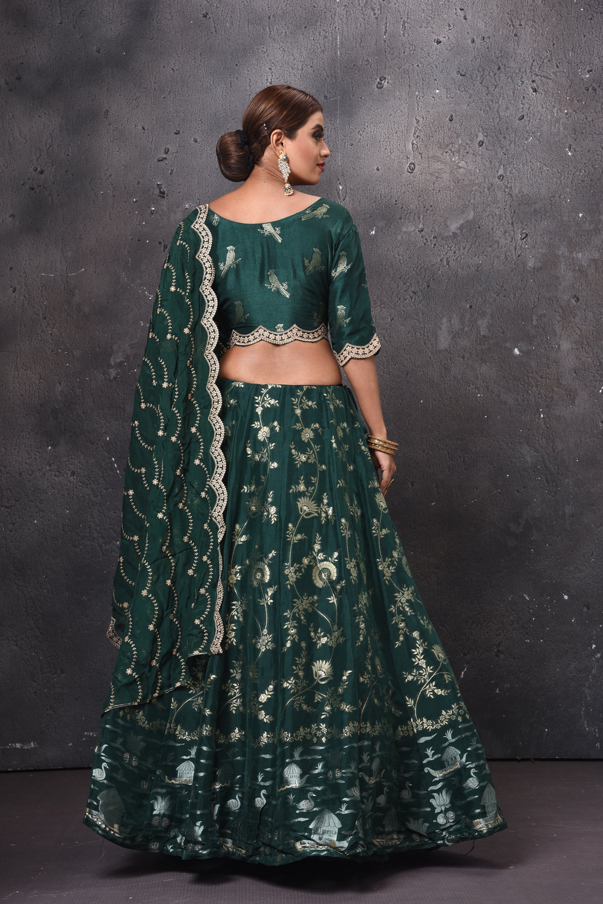 Buy beautiful dark green embroidered designer lehenga online in USA with dupatta. Get set for weddings and festive occasions in exclusive designer Anarkali suits, wedding gown, salwar suits, gharara suits, Indowestern dresses from Pure Elegance Indian fashion store in USA.-back