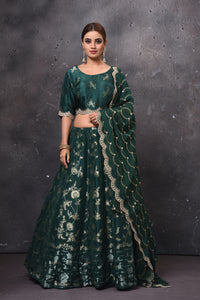 Buy beautiful dark green embroidered designer lehenga online in USA with dupatta. Get set for weddings and festive occasions in exclusive designer Anarkali suits, wedding gown, salwar suits, gharara suits, Indowestern dresses from Pure Elegance Indian fashion store in USA.-full view