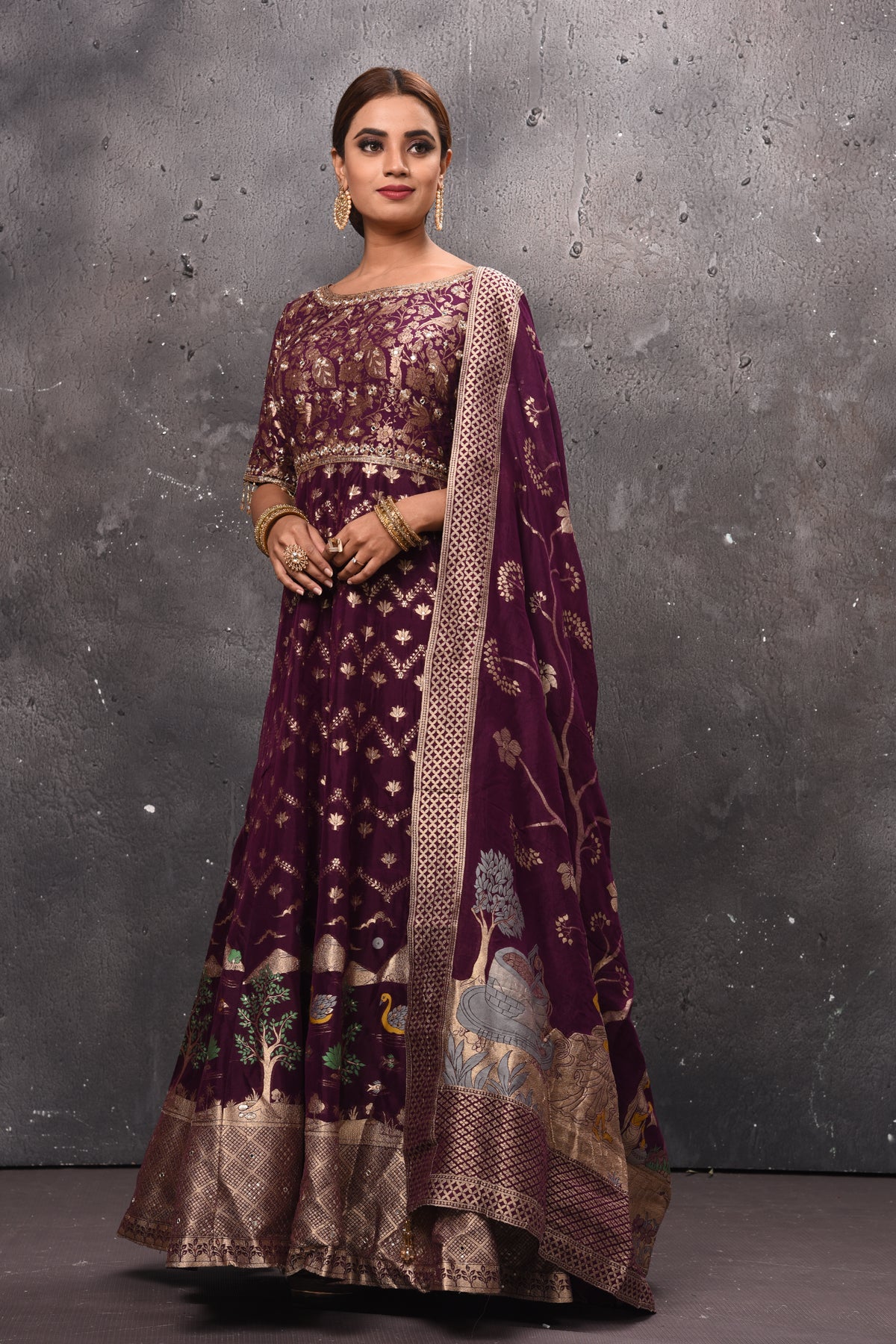 Buy beautiful wine color embroidered Anarkali suit online in USA with dupatta. Get set for weddings and festive occasions in exclusive designer Anarkali suits, wedding gown, salwar suits, gharara suits, Indowestern dresses from Pure Elegance Indian fashion store in USA.-full view