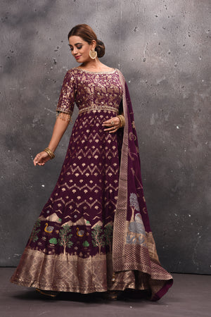 Buy beautiful wine color embroidered Anarkali suit online in USA with dupatta. Get set for weddings and festive occasions in exclusive designer Anarkali suits, wedding gown, salwar suits, gharara suits, Indowestern dresses from Pure Elegance Indian fashion store in USA.-front
