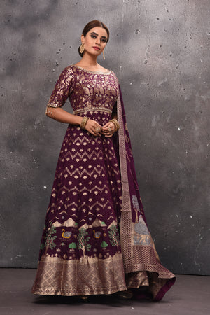 Buy beautiful wine color embroidered Anarkali suit online in USA with dupatta. Get set for weddings and festive occasions in exclusive designer Anarkali suits, wedding gown, salwar suits, gharara suits, Indowestern dresses from Pure Elegance Indian fashion store in USA.-side