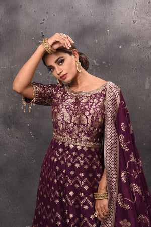 Buy beautiful wine color embroidered Anarkali suit online in USA with dupatta. Get set for weddings and festive occasions in exclusive designer Anarkali suits, wedding gown, salwar suits, gharara suits, Indowestern dresses from Pure Elegance Indian fashion store in USA.-closeup