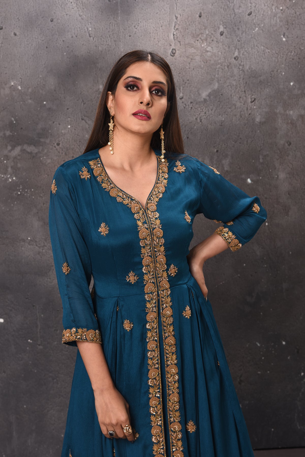 Buy stunning blue embroidered layered Anarkali suit online in USA. Get set for weddings and festive occasions in exclusive designer Anarkali suits, wedding gown, salwar suits, gharara suits, Indowestern dresses from Pure Elegance Indian fashion store in USA.-closeup