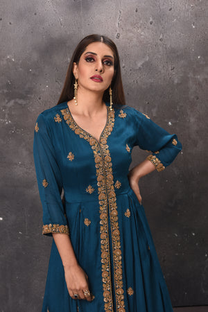 Buy stunning blue embroidered layered Anarkali suit online in USA. Get set for weddings and festive occasions in exclusive designer Anarkali suits, wedding gown, salwar suits, gharara suits, Indowestern dresses from Pure Elegance Indian fashion store in USA.-closeup