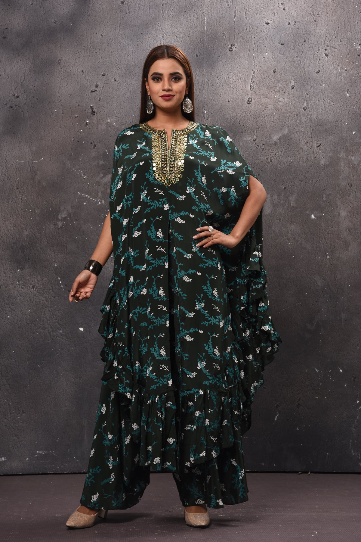 Shop stunning black and green printed kaftan suit online in USA with palazzo. Get set for weddings and festive occasions in exclusive designer Anarkali suits, wedding gown, salwar suits, gharara suits, Indowestern dresses from Pure Elegance Indian fashion store in USA.-full view