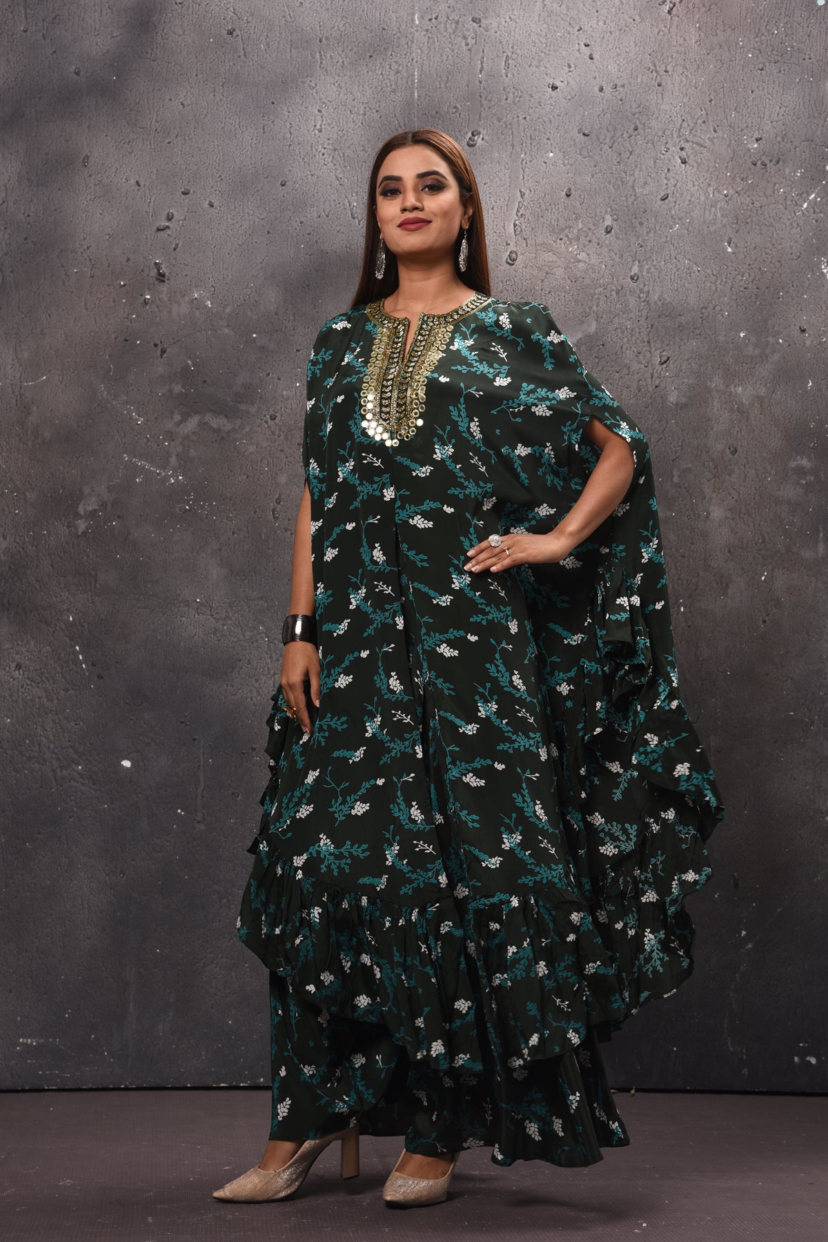 Shop stunning black and green printed kaftan suit online in USA with palazzo. Get set for weddings and festive occasions in exclusive designer Anarkali suits, wedding gown, salwar suits, gharara suits, Indowestern dresses from Pure Elegance Indian fashion store in USA.-side