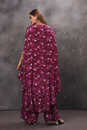 Shop stunning magenta printed kaftan suit online in USA with palazzo. Get set for weddings and festive occasions in exclusive designer Anarkali suits, wedding gown, salwar suits, gharara suits, Indowestern dresses from Pure Elegance Indian fashion store in USA.-back
