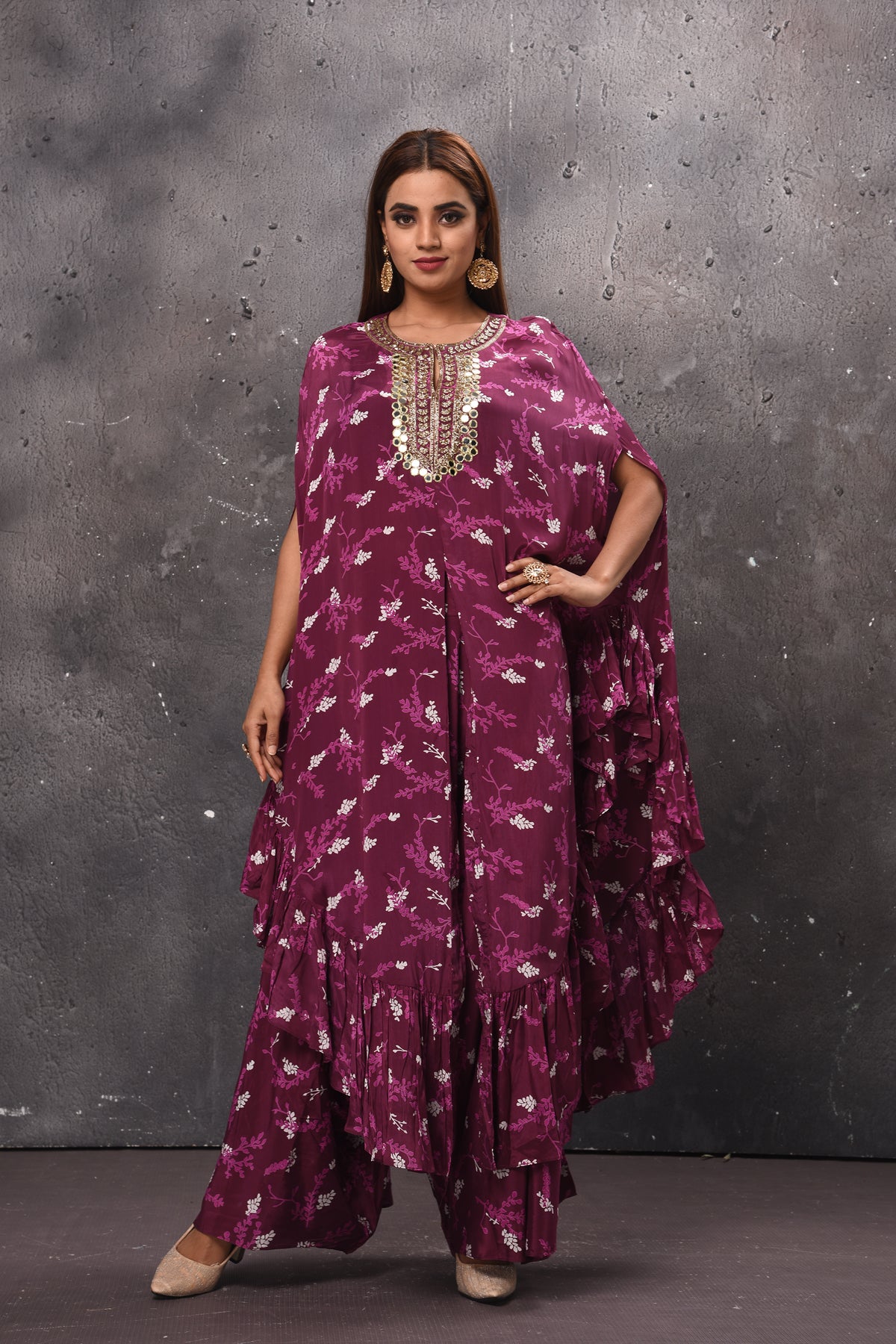 Shop stunning magenta printed kaftan suit online in USA with palazzo. Get set for weddings and festive occasions in exclusive designer Anarkali suits, wedding gown, salwar suits, gharara suits, Indowestern dresses from Pure Elegance Indian fashion store in USA.-full view