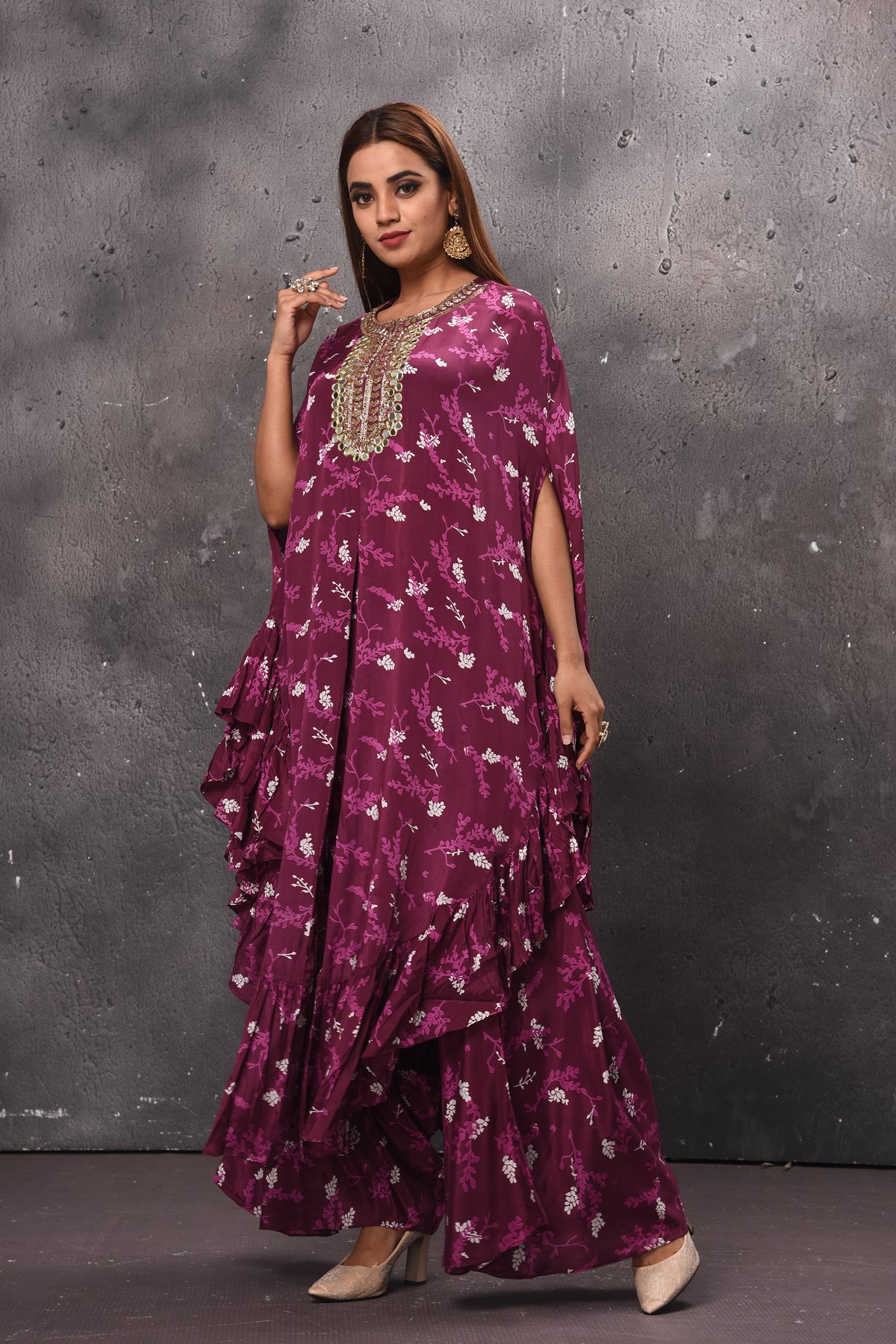 Shop stunning magenta printed kaftan suit online in USA with palazzo. Get set for weddings and festive occasions in exclusive designer Anarkali suits, wedding gown, salwar suits, gharara suits, Indowestern dresses from Pure Elegance Indian fashion store in USA.-side