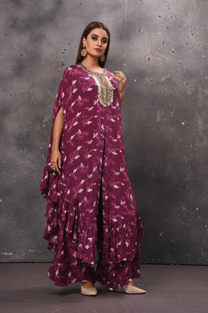 Shop stunning magenta printed kaftan suit online in USA with palazzo. Get set for weddings and festive occasions in exclusive designer Anarkali suits, wedding gown, salwar suits, gharara suits, Indowestern dresses from Pure Elegance Indian fashion store in USA.-right