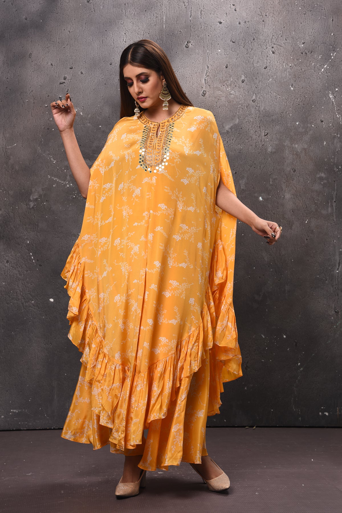 Shop beautiful yellow printed kaftan suit online in USA with palazzo. Get set for weddings and festive occasions in exclusive designer Anarkali suits, wedding gown, salwar suits, gharara suits, Indowestern dresses from Pure Elegance Indian fashion store in USA.-full view