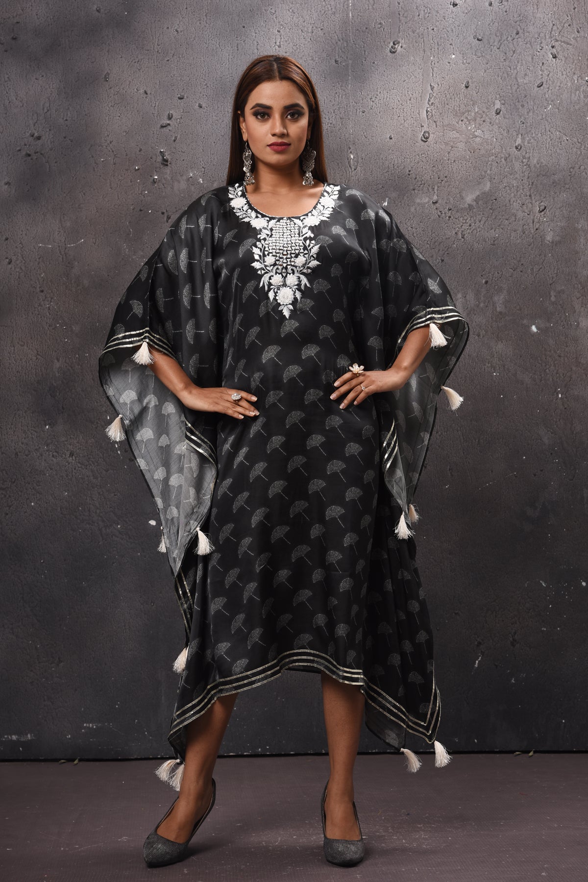 Shop stunning black printed embroidered kaftaan dress online in USA. Get set for weddings and festive occasions in exclusive designer Anarkali suits, wedding gown, salwar suits, gharara suits, Indowestern dresses from Pure Elegance Indian fashion store in USA.-full view