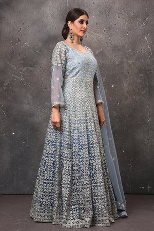 Buy beautiful light blue embroidered Anarkali suit online in USA with dupatta. Get set for weddings and festive occasions in exclusive designer Anarkali suits, wedding gown, salwar suits, gharara suits, Indowestern dresses from Pure Elegance Indian fashion store in USA.-side