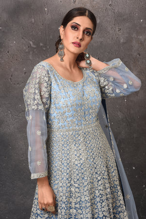 Buy beautiful light blue embroidered Anarkali suit online in USA with dupatta. Get set for weddings and festive occasions in exclusive designer Anarkali suits, wedding gown, salwar suits, gharara suits, Indowestern dresses from Pure Elegance Indian fashion store in USA.-closeup