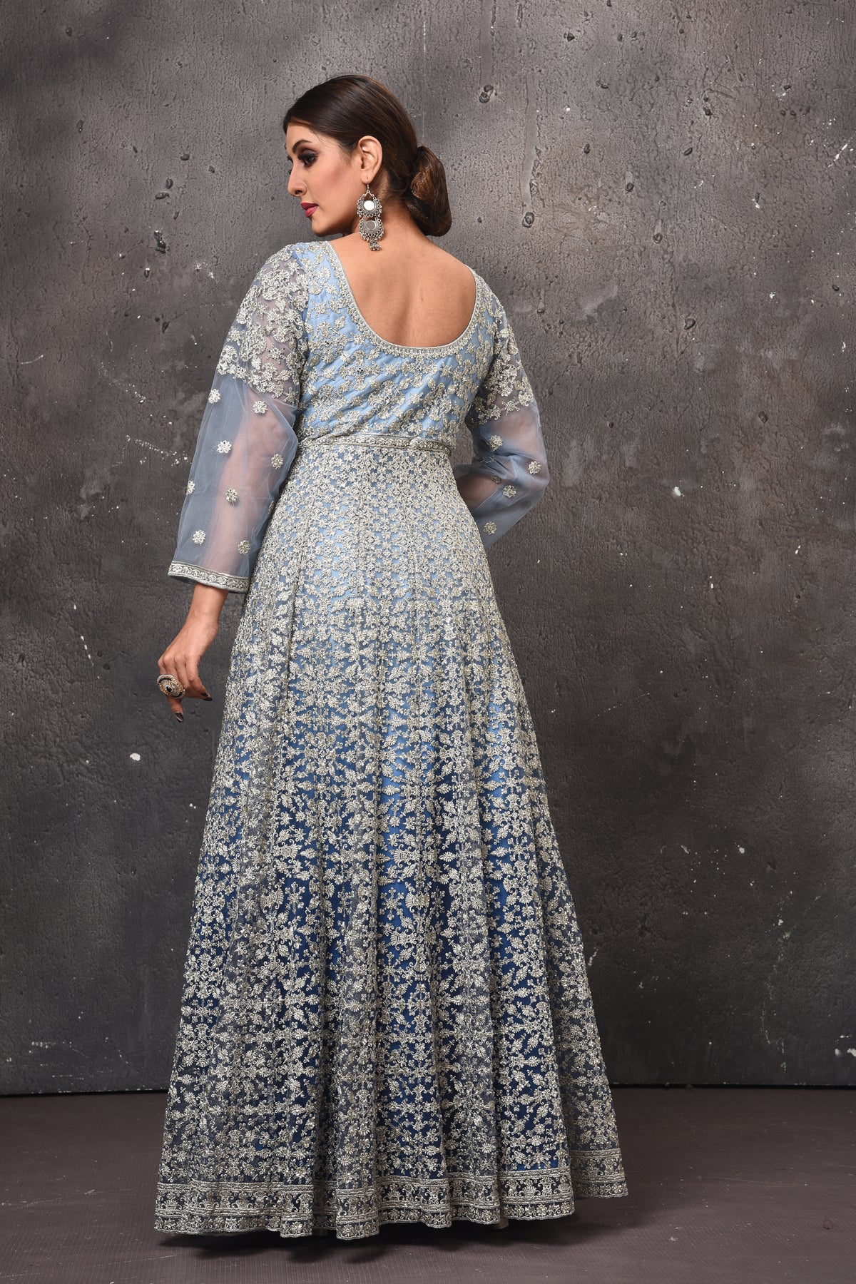 Buy beautiful light blue embroidered Anarkali suit online in USA with dupatta. Get set for weddings and festive occasions in exclusive designer Anarkali suits, wedding gown, salwar suits, gharara suits, Indowestern dresses from Pure Elegance Indian fashion store in USA.-back