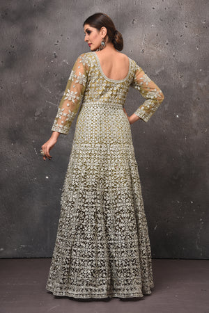 Shop beautiful olive green embroidered floorlength Anarkali suit online in USA with dupatta. Get set for weddings and festive occasions in exclusive designer Anarkali suits, wedding gown, salwar suits, gharara suits, Indowestern dresses from Pure Elegance Indian fashion store in USA.-back