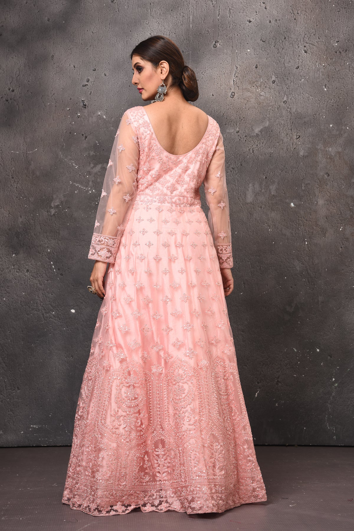 Buy beautiful light pink embroidered net Anarkali suit online in USA with dupatta. Get set for weddings and festive occasions in exclusive designer Anarkali suits, wedding gown, salwar suits, gharara suits, Indowestern dresses from Pure Elegance Indian fashion store in USA.-back