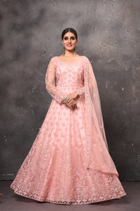 Buy beautiful light pink embroidered net Anarkali suit online in USA with dupatta. Get set for weddings and festive occasions in exclusive designer Anarkali suits, wedding gown, salwar suits, gharara suits, Indowestern dresses from Pure Elegance Indian fashion store in USA.-full view