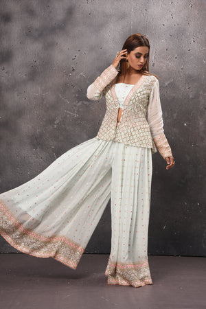 Shop beautiful white embroidered palazzo online in USA with crop top and jacket. Get set for weddings and festive occasions in exclusive designer Anarkali suits, wedding gown, salwar suits, gharara suits, Indowestern dresses from Pure Elegance Indian fashion store in USA.-palazzo