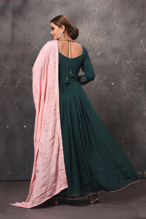 Buy beautiful dark green embroidered Anarkali suit online in USA with pink dupatta. Get set for weddings and festive occasions in exclusive designer Anarkali suits, wedding gown, salwar suits, gharara suits, Indowestern dresses from Pure Elegance Indian fashion store in USA.-back