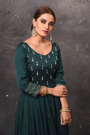 Buy beautiful dark green embroidered Anarkali suit online in USA with pink dupatta. Get set for weddings and festive occasions in exclusive designer Anarkali suits, wedding gown, salwar suits, gharara suits, Indowestern dresses from Pure Elegance Indian fashion store in USA.-closeup