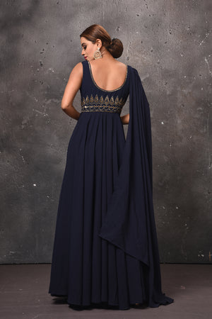 Shop beautiful navy blue draped gown online in USA. Get set for weddings and festive occasions in exclusive designer Anarkali suits, wedding gown, salwar suits, gharara suits, Indowestern dresses from Pure Elegance Indian fashion store in USA.-back