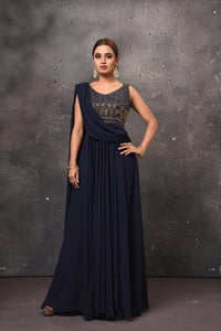 Shop beautiful navy blue draped gown online in USA. Get set for weddings and festive occasions in exclusive designer Anarkali suits, wedding gown, salwar suits, gharara suits, Indowestern dresses from Pure Elegance Indian fashion store in USA.-full view