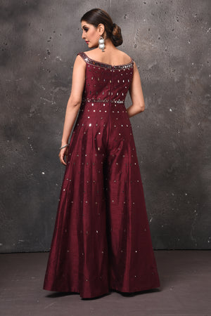 Shop wine color embroidered palazzo and crop top online in USA. Get set for weddings and festive occasions in exclusive designer Anarkali suits, wedding gown, salwar suits, gharara suits, Indowestern dresses from Pure Elegance Indian fashion store in USA.-back