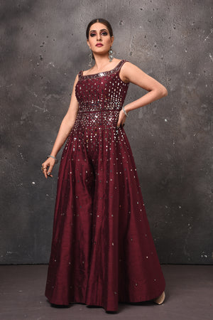 Shop wine color embroidered palazzo and crop top online in USA. Get set for weddings and festive occasions in exclusive designer Anarkali suits, wedding gown, salwar suits, gharara suits, Indowestern dresses from Pure Elegance Indian fashion store in USA.-left