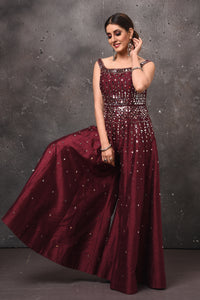 Shop wine color embroidered palazzo and crop top online in USA. Get set for weddings and festive occasions in exclusive designer Anarkali suits, wedding gown, salwar suits, gharara suits, Indowestern dresses from Pure Elegance Indian fashion store in USA.-full view