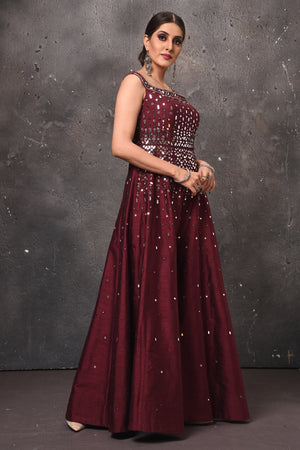 Shop wine color embroidered palazzo and crop top online in USA. Get set for weddings and festive occasions in exclusive designer Anarkali suits, wedding gown, salwar suits, gharara suits, Indowestern dresses from Pure Elegance Indian fashion store in USA.-side