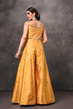 Shop stunning mango yellow embroidered palazzo and crop top online in USA. Get set for weddings and festive occasions in exclusive designer Anarkali suits, wedding gown, salwar suits, gharara suits, Indowestern dresses from Pure Elegance Indian fashion store in USA.-back