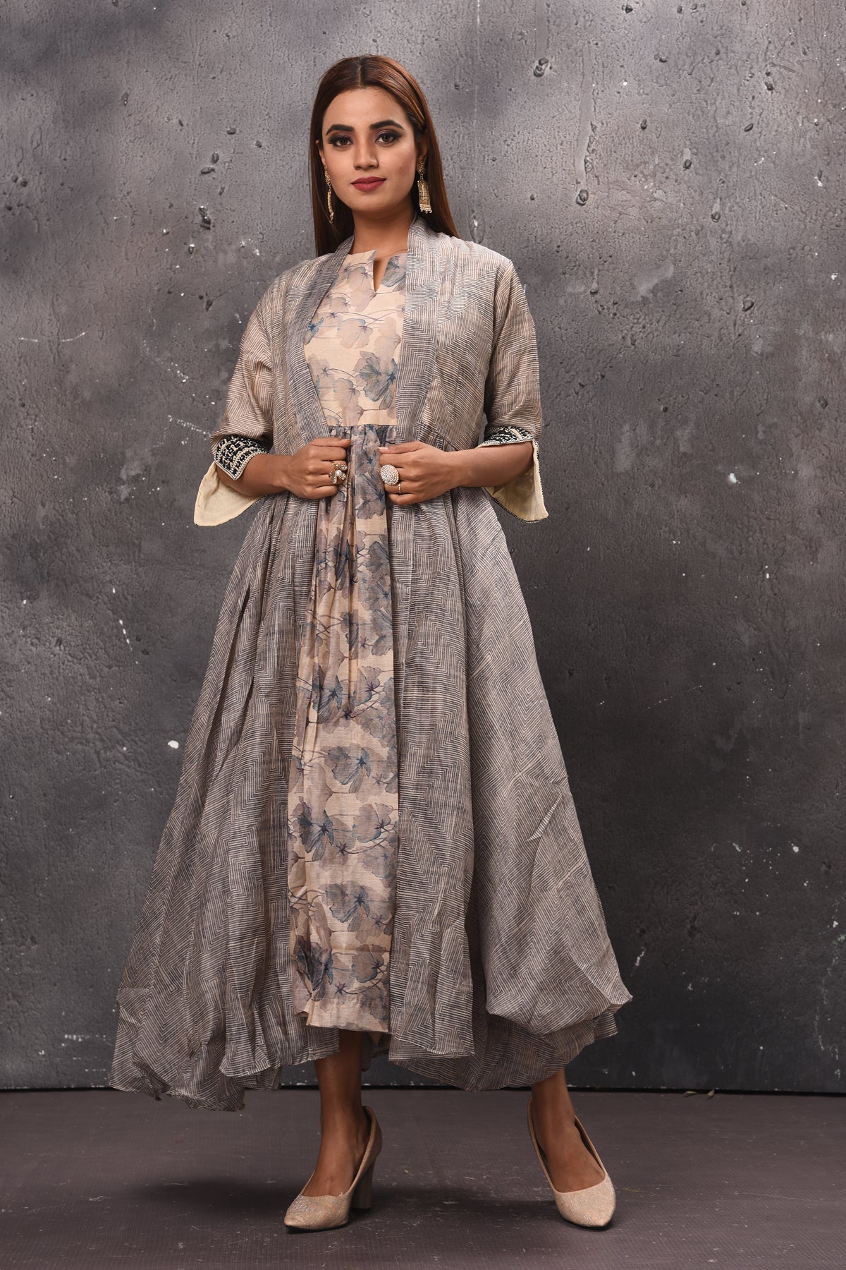 Buy stunning cream and grey printed dress online in USA with jacket. Get set for weddings and festive occasions in exclusive designer Anarkali suits, wedding gown, salwar suits, gharara suits, Indowestern dresses from Pure Elegance Indian fashion store in USA.-front