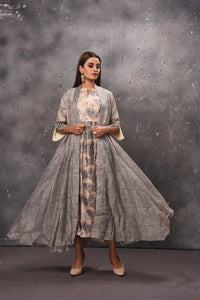 Buy stunning cream and grey printed dress online in USA with jacket. Get set for weddings and festive occasions in exclusive designer Anarkali suits, wedding gown, salwar suits, gharara suits, Indowestern dresses from Pure Elegance Indian fashion store in USA.-full view