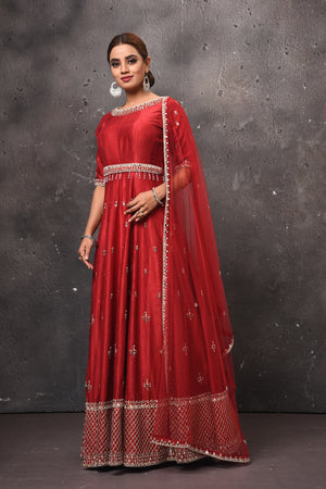 Shop beautiful blood red embroidered Anarkali suit online in USA with dupatta. Get set for weddings and festive occasions in exclusive designer Anarkali suits, wedding gown, salwar suits, gharara suits, Indowestern dresses from Pure Elegance Indian fashion store in USA.-side