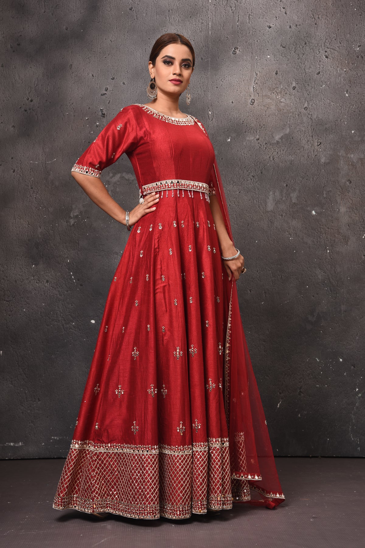 Shop beautiful blood red embroidered Anarkali suit online in USA with dupatta. Get set for weddings and festive occasions in exclusive designer Anarkali suits, wedding gown, salwar suits, gharara suits, Indowestern dresses from Pure Elegance Indian fashion store in USA.-right