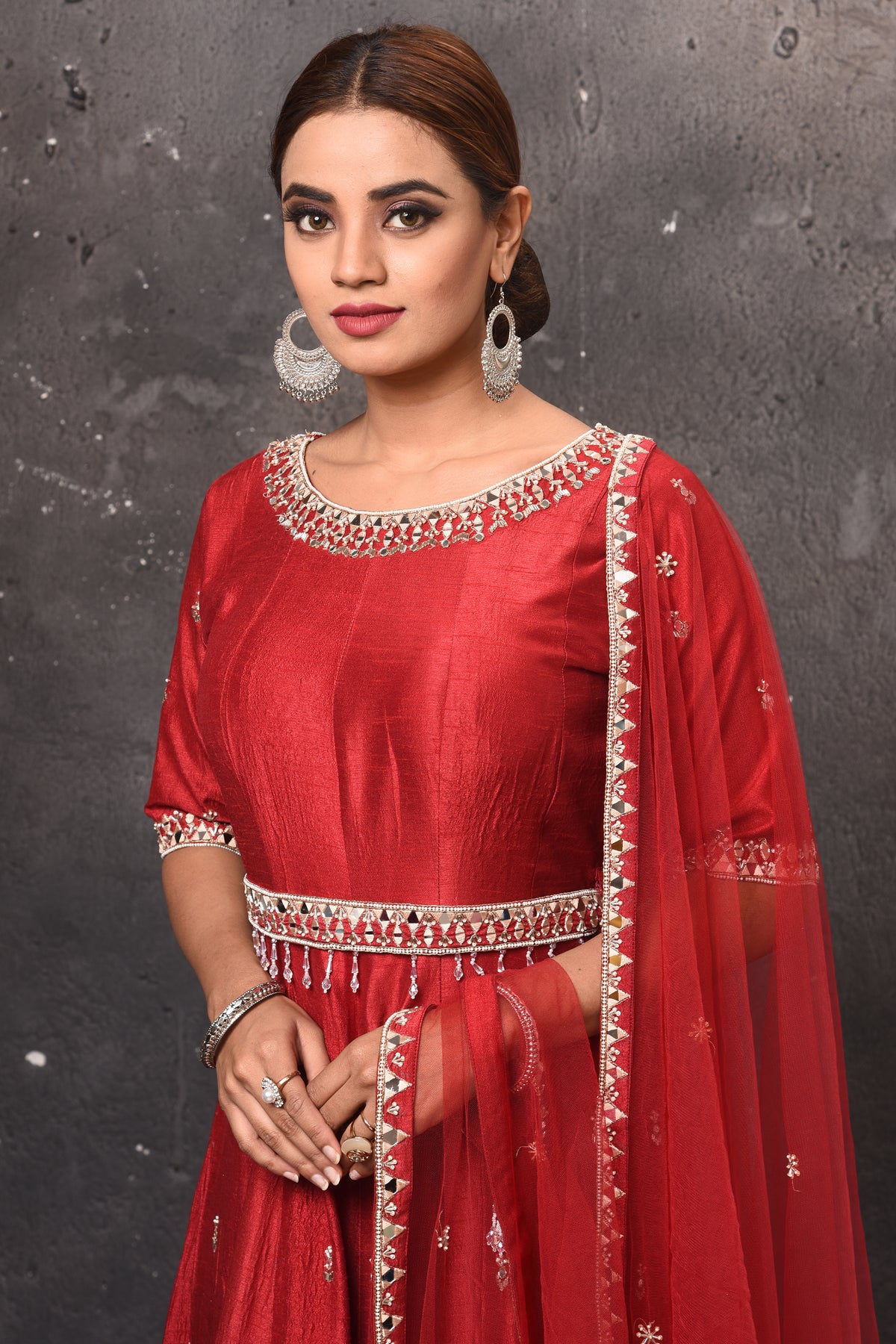 Shop beautiful blood red embroidered Anarkali suit online in USA with dupatta. Get set for weddings and festive occasions in exclusive designer Anarkali suits, wedding gown, salwar suits, gharara suits, Indowestern dresses from Pure Elegance Indian fashion store in USA.-closeup