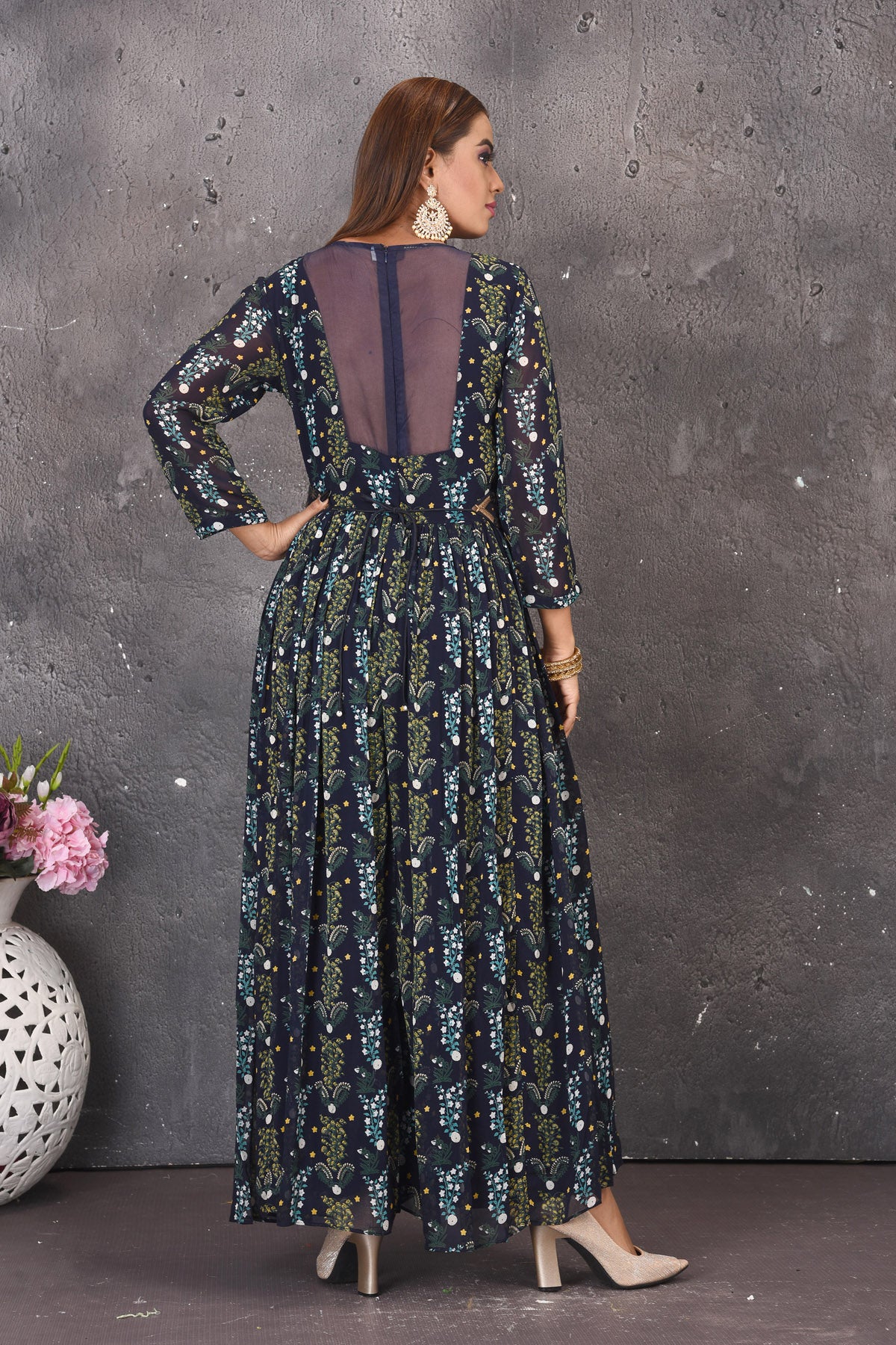 Buy stylish blue printed jumpsuit online in USA with multicolor embroidery waistband. Look stylish at parties and wedding festivities in designer dresses, Indowestern outfits, Anarkali suits, wedding lehengas, palazzo suits, sharara suits from Pure Elegance Indian clothing store in USA.-back