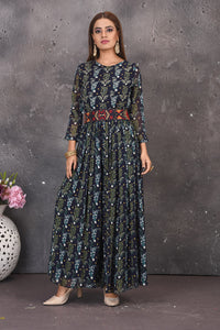 Buy stylish blue printed jumpsuit online in USA with multicolor embroidery waistband. Look stylish at parties and wedding festivities in designer dresses, Indowestern outfits, Anarkali suits, wedding lehengas, palazzo suits, sharara suits from Pure Elegance Indian clothing store in USA.-full view
