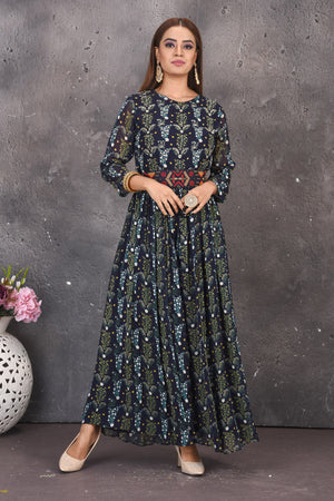 Buy stylish blue printed jumpsuit online in USA with multicolor embroidery waistband. Look stylish at parties and wedding festivities in designer dresses, Indowestern outfits, Anarkali suits, wedding lehengas, palazzo suits, sharara suits from Pure Elegance Indian clothing store in USA.-front