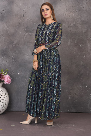 Buy stylish blue printed jumpsuit online in USA with multicolor embroidery waistband. Look stylish at parties and wedding festivities in designer dresses, Indowestern outfits, Anarkali suits, wedding lehengas, palazzo suits, sharara suits from Pure Elegance Indian clothing store in USA.-side
