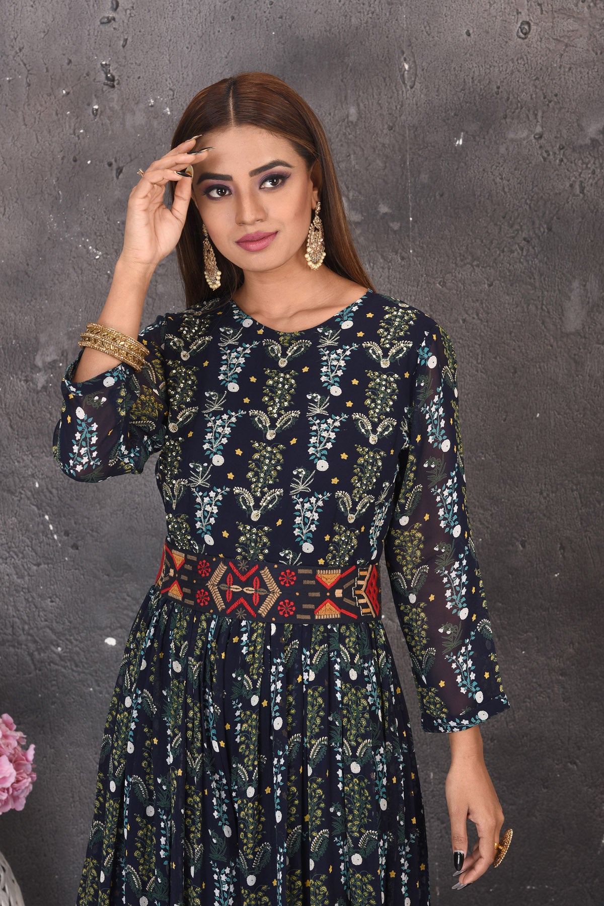 Buy stylish blue printed jumpsuit online in USA with multicolor embroidery waistband. Look stylish at parties and wedding festivities in designer dresses, Indowestern outfits, Anarkali suits, wedding lehengas, palazzo suits, sharara suits from Pure Elegance Indian clothing store in USA.-closeup