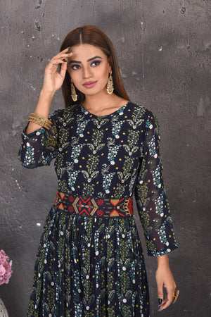 Buy stylish blue printed jumpsuit online in USA with multicolor embroidery waistband. Look stylish at parties and wedding festivities in designer dresses, Indowestern outfits, Anarkali suits, wedding lehengas, palazzo suits, sharara suits from Pure Elegance Indian clothing store in USA.-closeup
